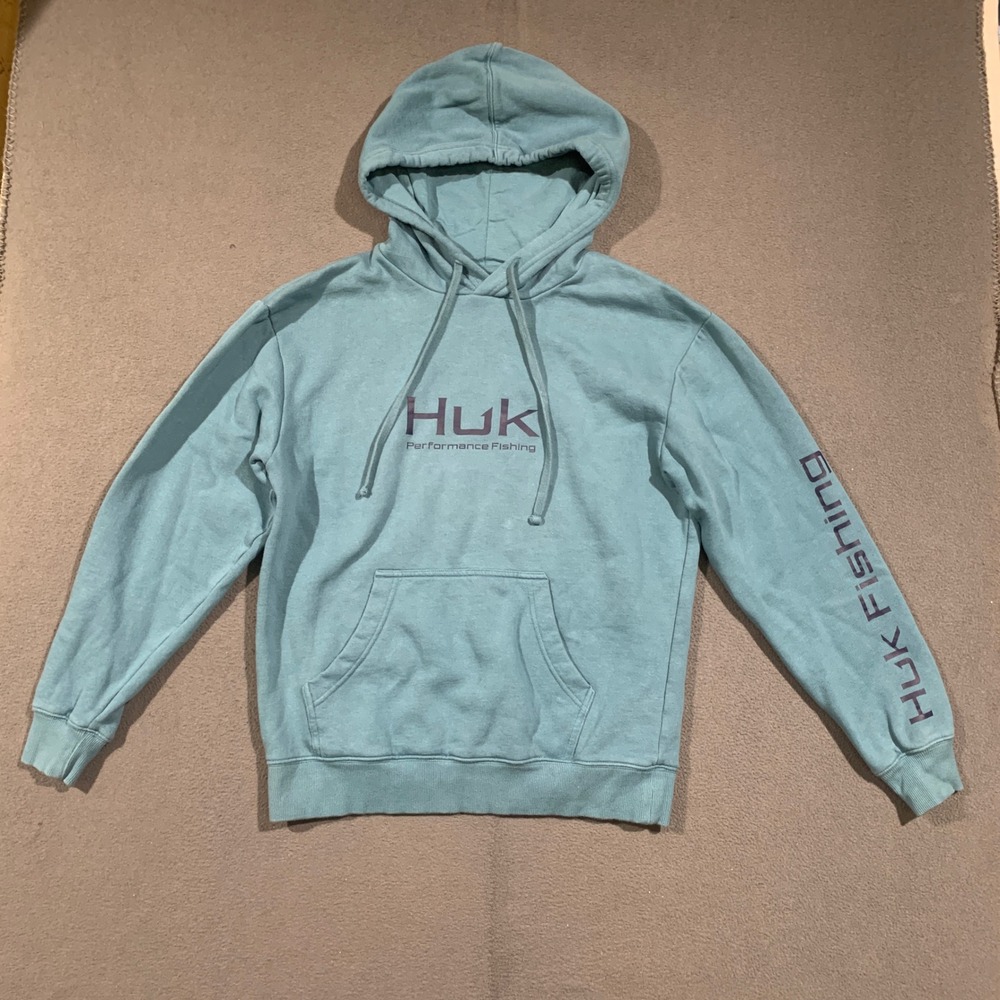Huk Performance Fishing Hoodie Mens Small Teal Blue Graphic Logo Pullover Sweat